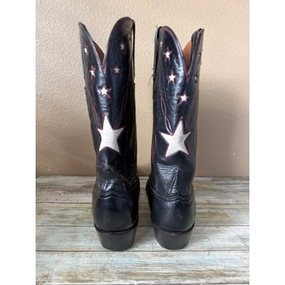 Lucchese Classics Star Inlay Cowboy Boots Black Leather USA Vintage 10.5 w/FLAW - Picture 5 of 16